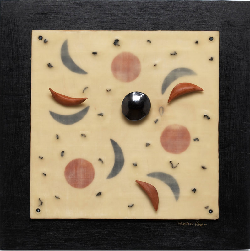 Encaustic mixed media wall piece with abstract design, tea leaves embedded and delicate ceramic elements in black and terra cotta